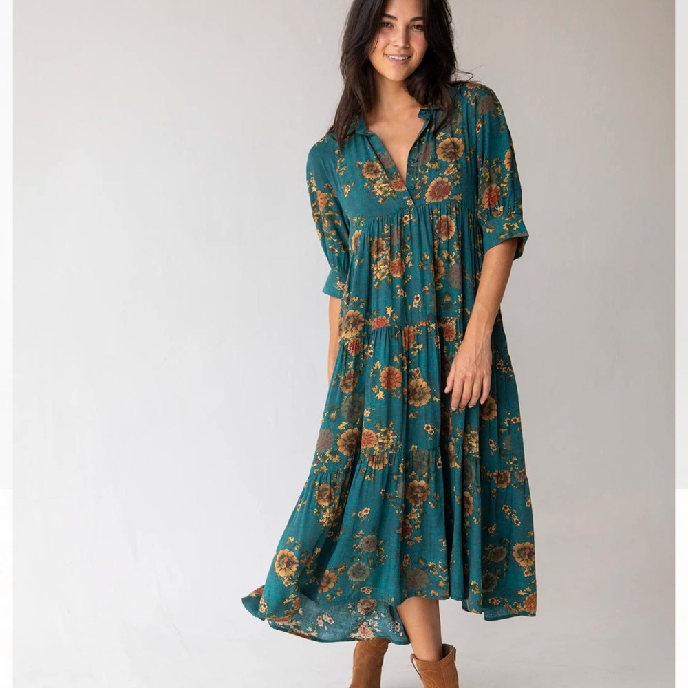 NATURAL LIFE Rebecca Teal Orange Floral Midi Dress